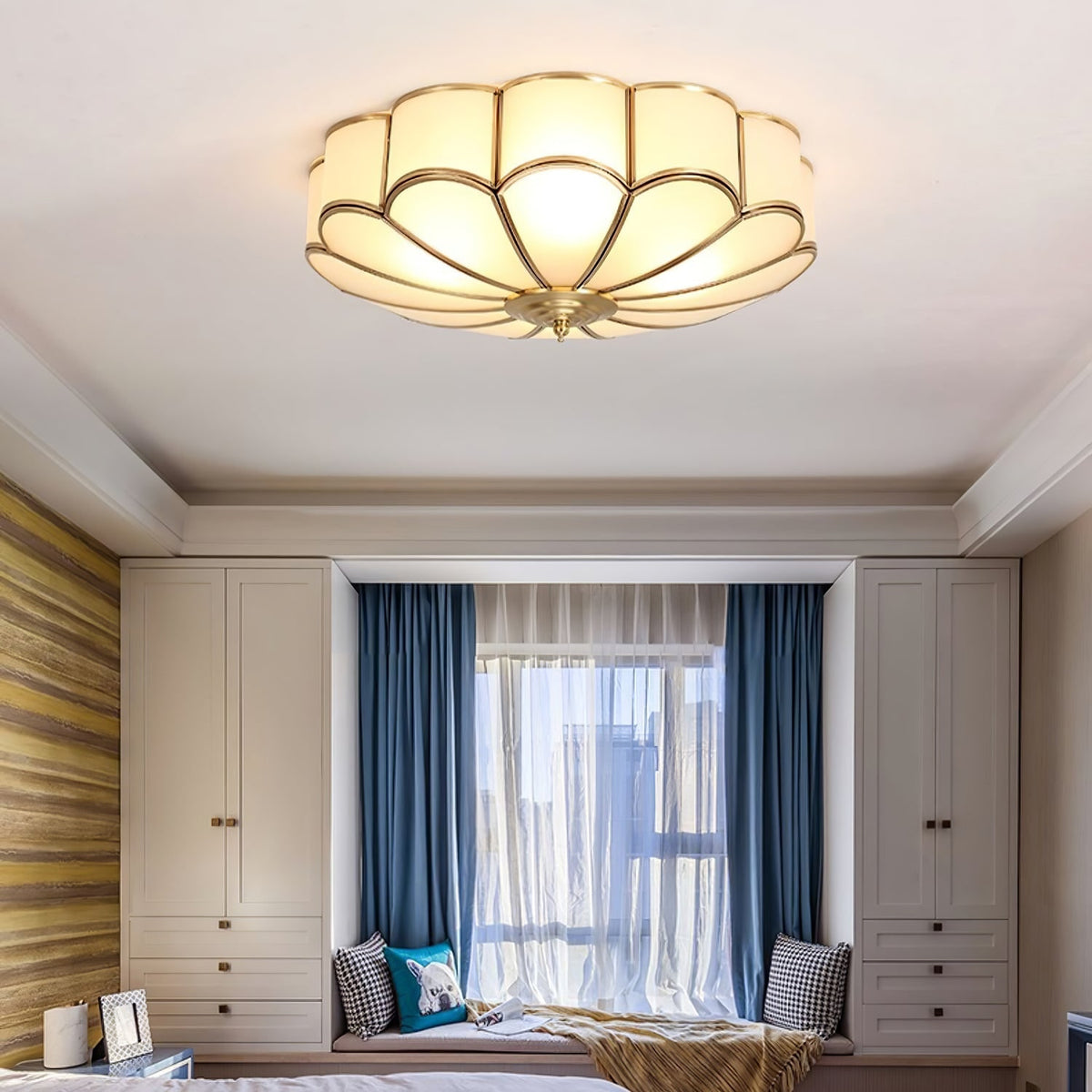 Semi Flush Mount Lighting with Scalloped Glass Dome and Brass Frame Ceiling - Image 26