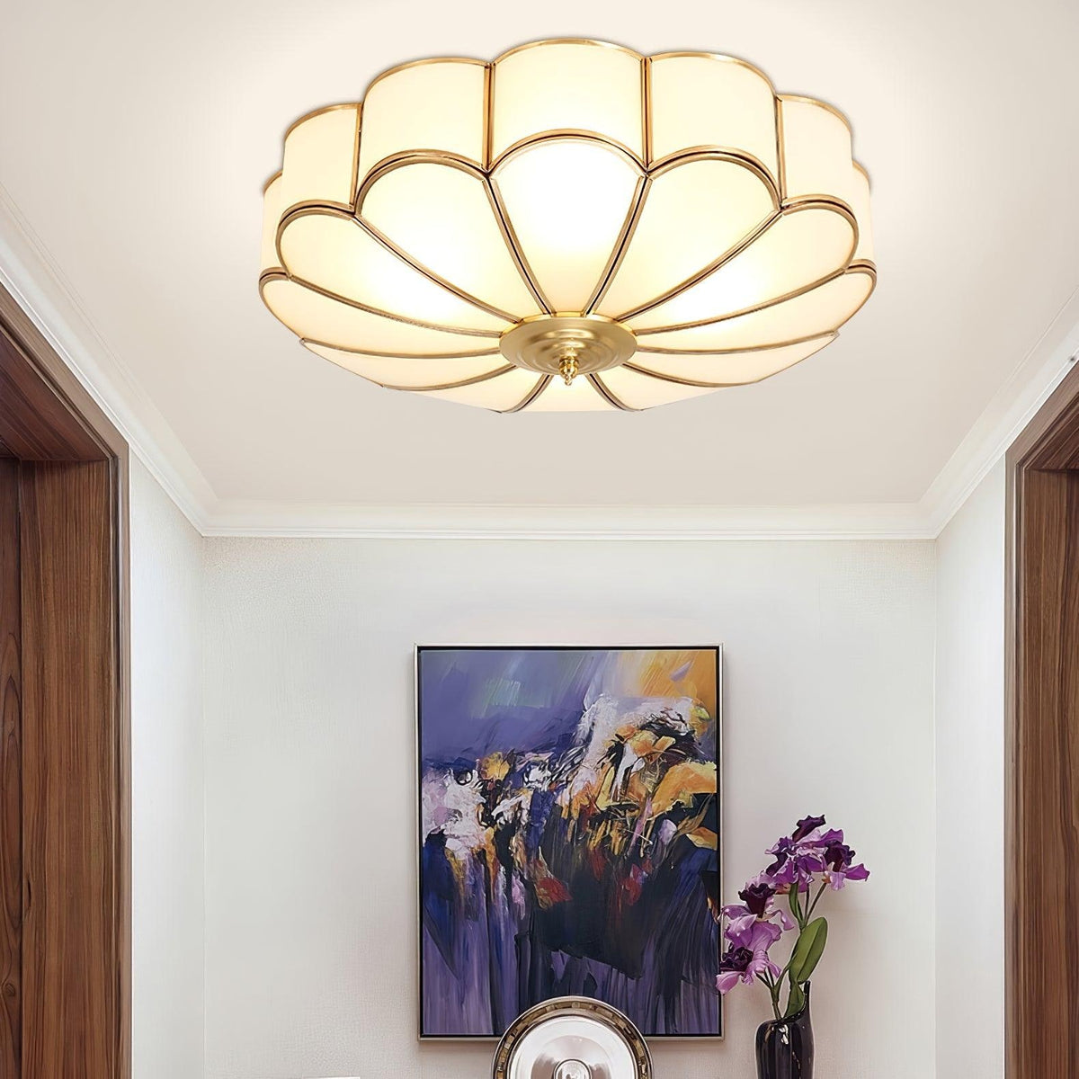 Semi Flush Mount Lighting with Scalloped Glass Dome and Brass Frame Ceiling - Image 29