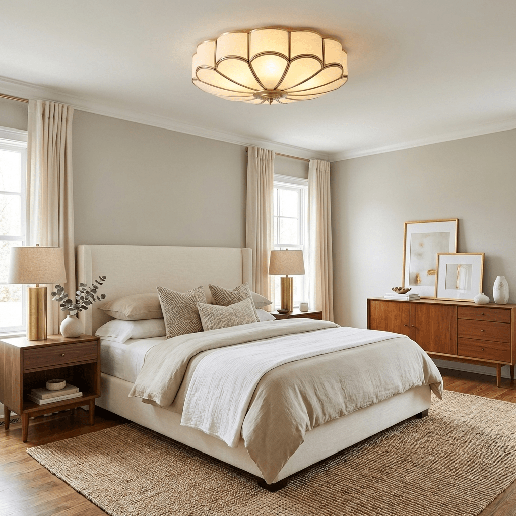 Semi Flush Mount Lighting with Scalloped Glass Dome and Brass Frame Ceiling - Image 3