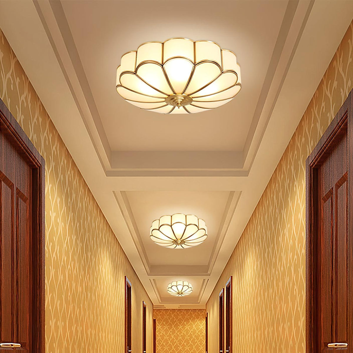Semi Flush Mount Lighting with Scalloped Glass Dome and Brass Frame Ceiling - Image 30
