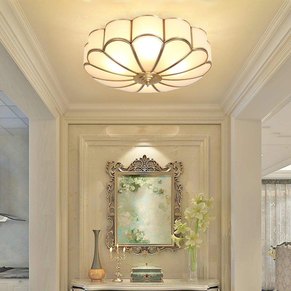 Semi Flush Mount Lighting with Scalloped Glass Dome and Brass Frame Ceiling - Image 32