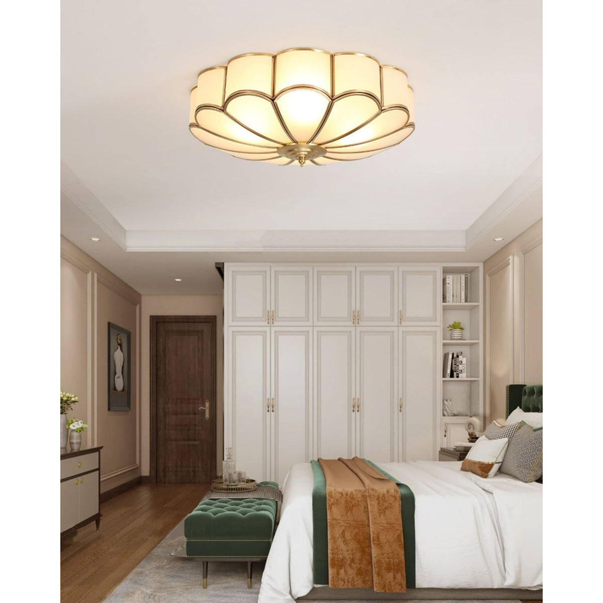 Semi Flush Mount Lighting with Scalloped Glass Dome and Brass Frame Ceiling - Image 33