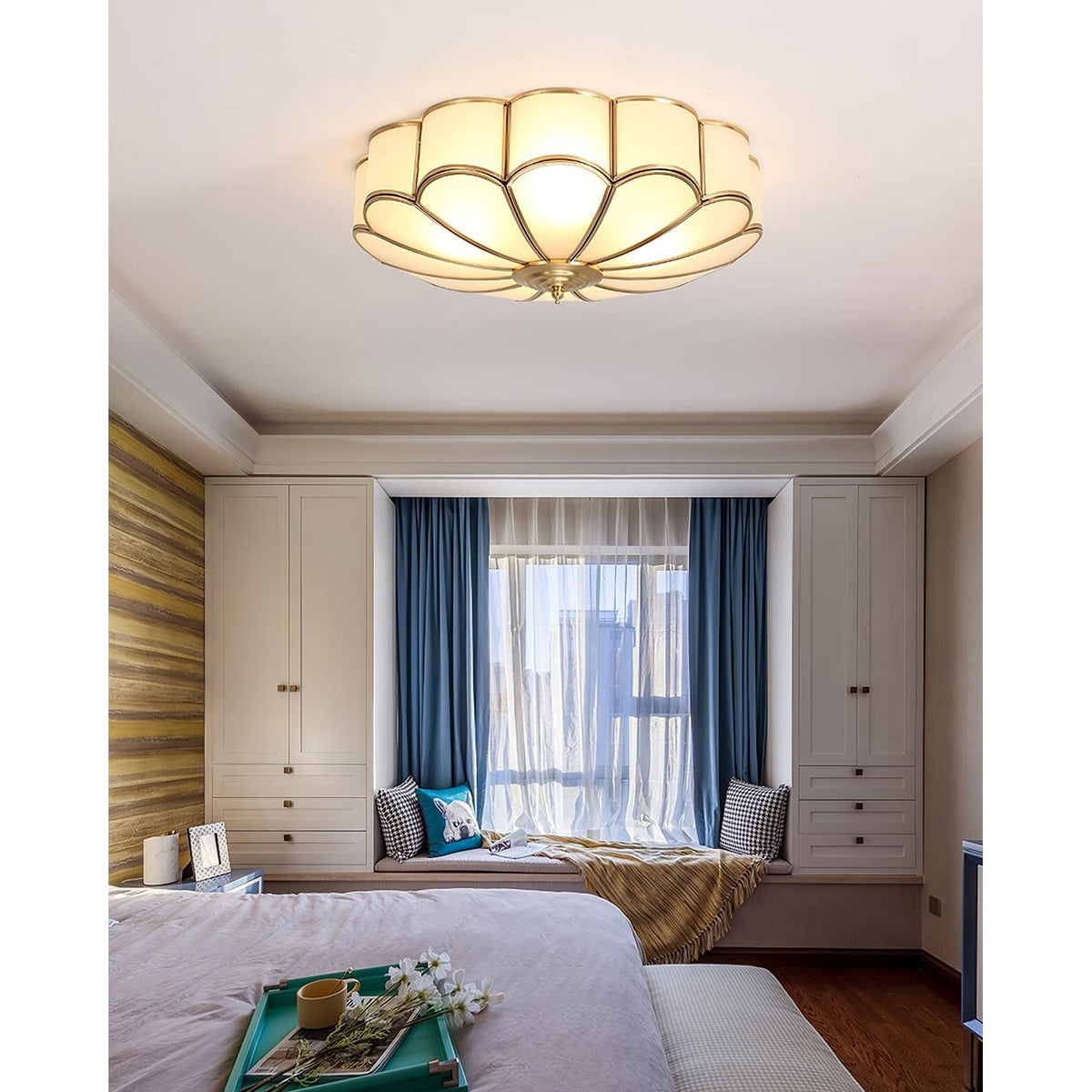 Semi Flush Mount Lighting with Scalloped Glass Dome and Brass Frame Ceiling - Image 34