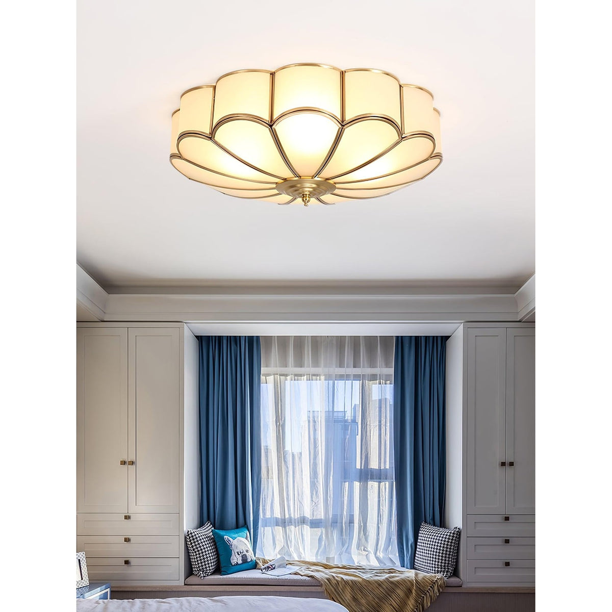 Semi Flush Mount Lighting with Scalloped Glass Dome and Brass Frame Ceiling - Image 35