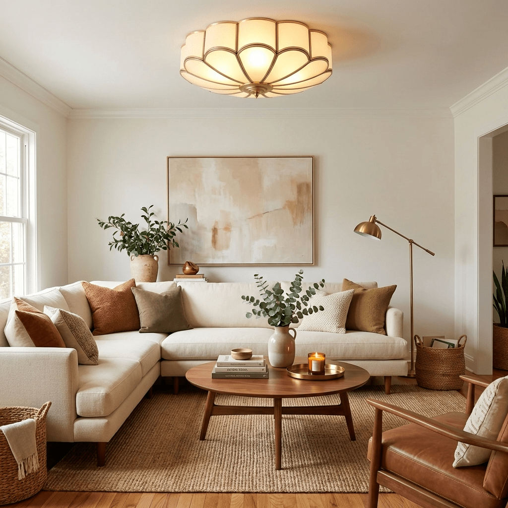 Semi Flush Mount Lighting with Scalloped Glass Dome and Brass Frame Ceiling - Image 4