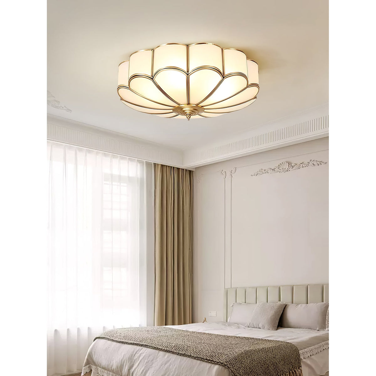 Semi Flush Mount Lighting with Scalloped Glass Dome and Brass Frame Ceiling - Image 45