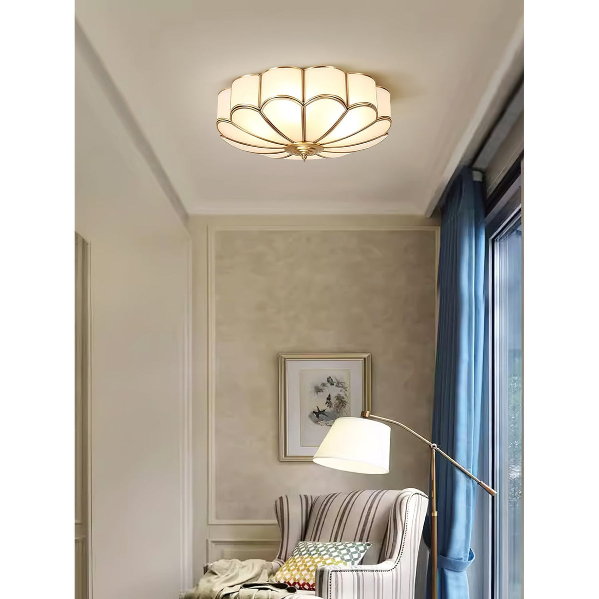 Semi Flush Mount Lighting with Scalloped Glass Dome and Brass Frame Ceiling - Image 46