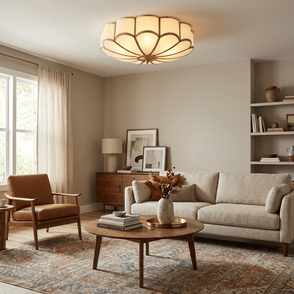 Semi Flush Mount Lighting with Scalloped Glass Dome and Brass Frame Ceiling - Image 5