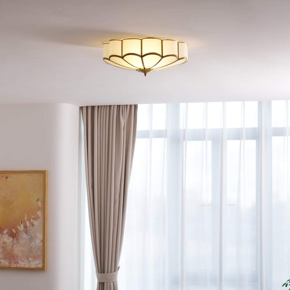 Semi Flush Mount Lighting with Scalloped Glass Dome and Brass Frame Ceiling - Image 53