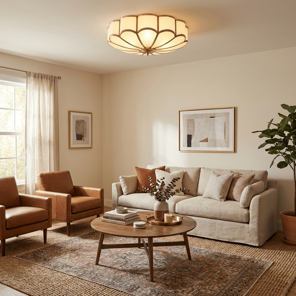 Semi Flush Mount Lighting with Scalloped Glass Dome and Brass Frame Ceiling - Image 6