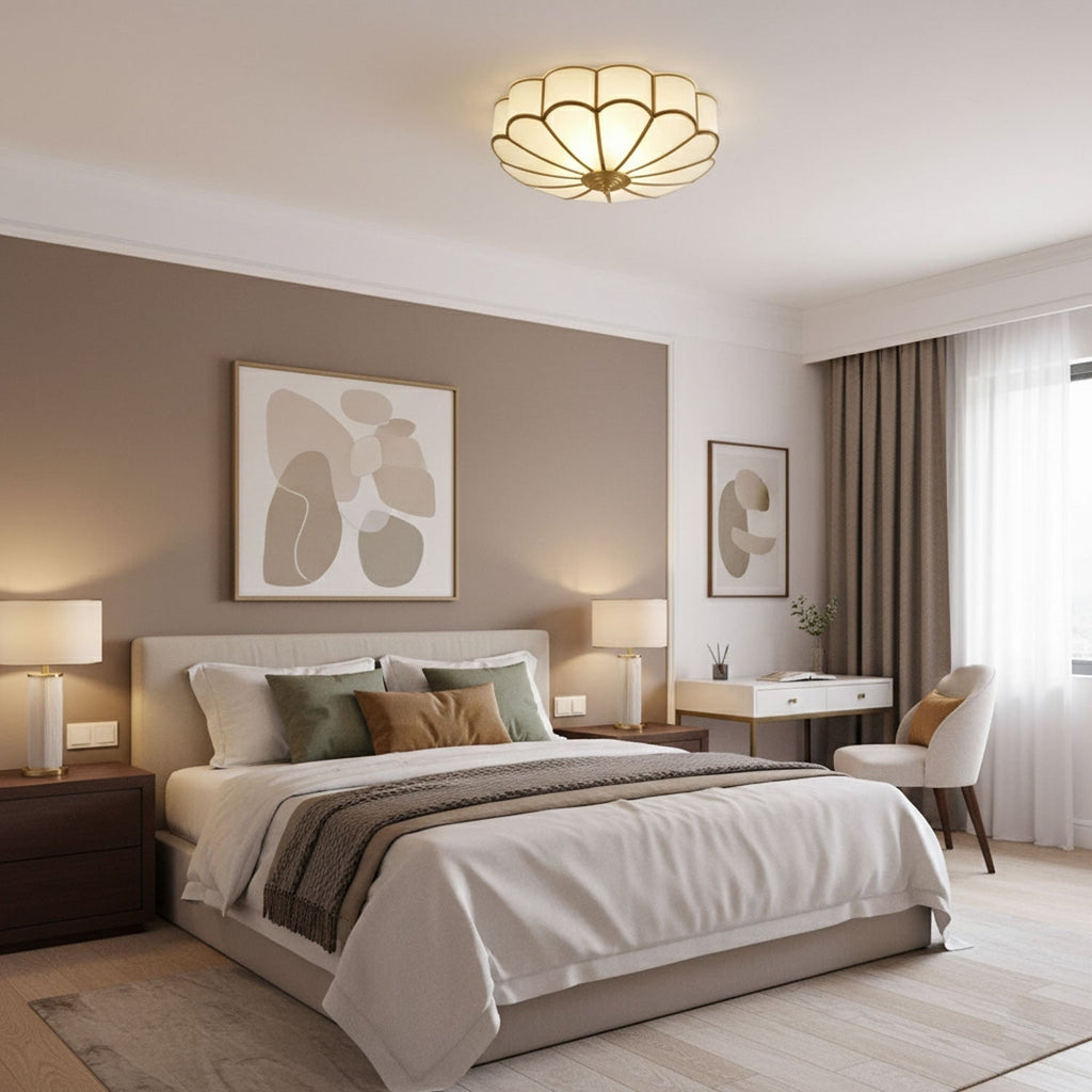 Semi Flush Mount Lighting with Scalloped Glass Dome and Brass Frame Ceiling - Image 8