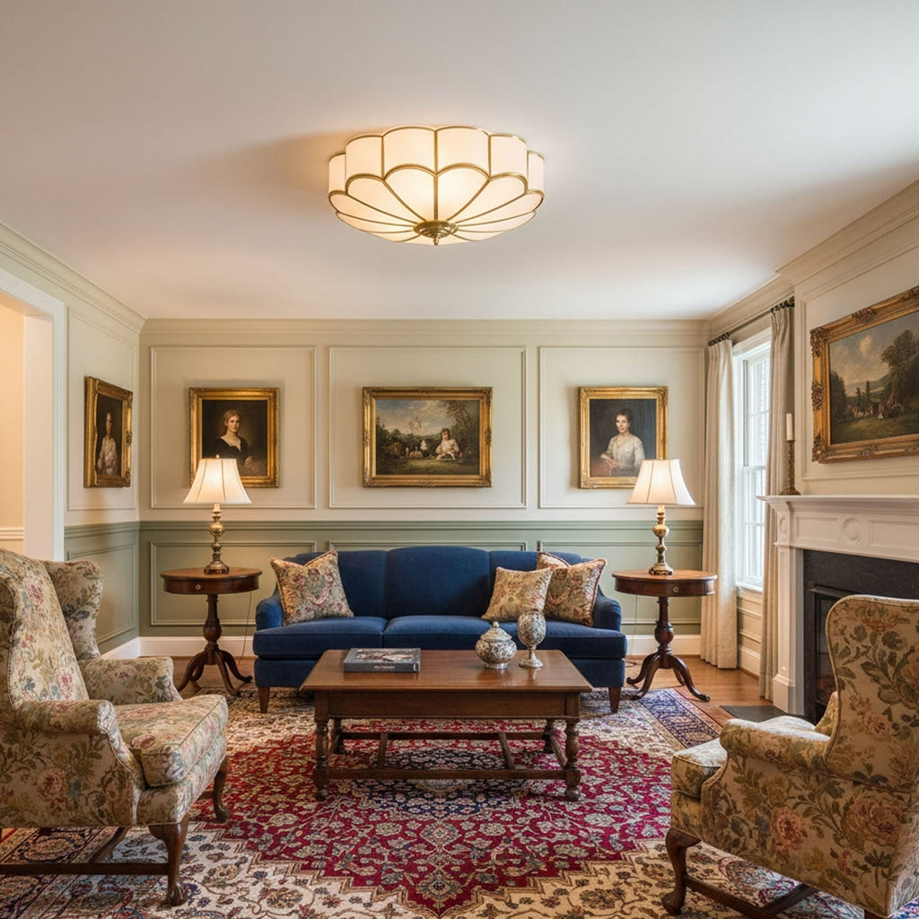 Semi Flush Mount Lighting with Scalloped Glass Dome and Brass Frame Ceiling - Image 9