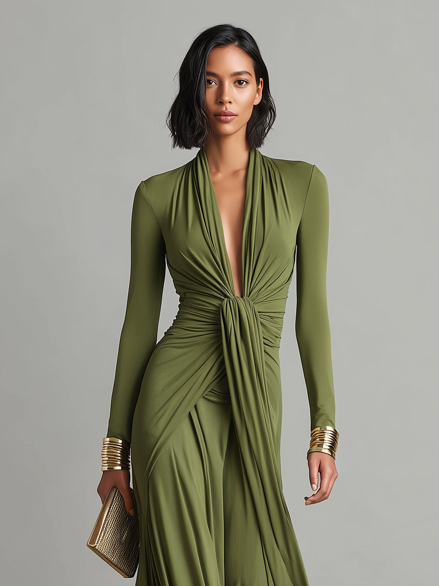 Serena | Abito Lungo Verde Oliva Scollo Profondo