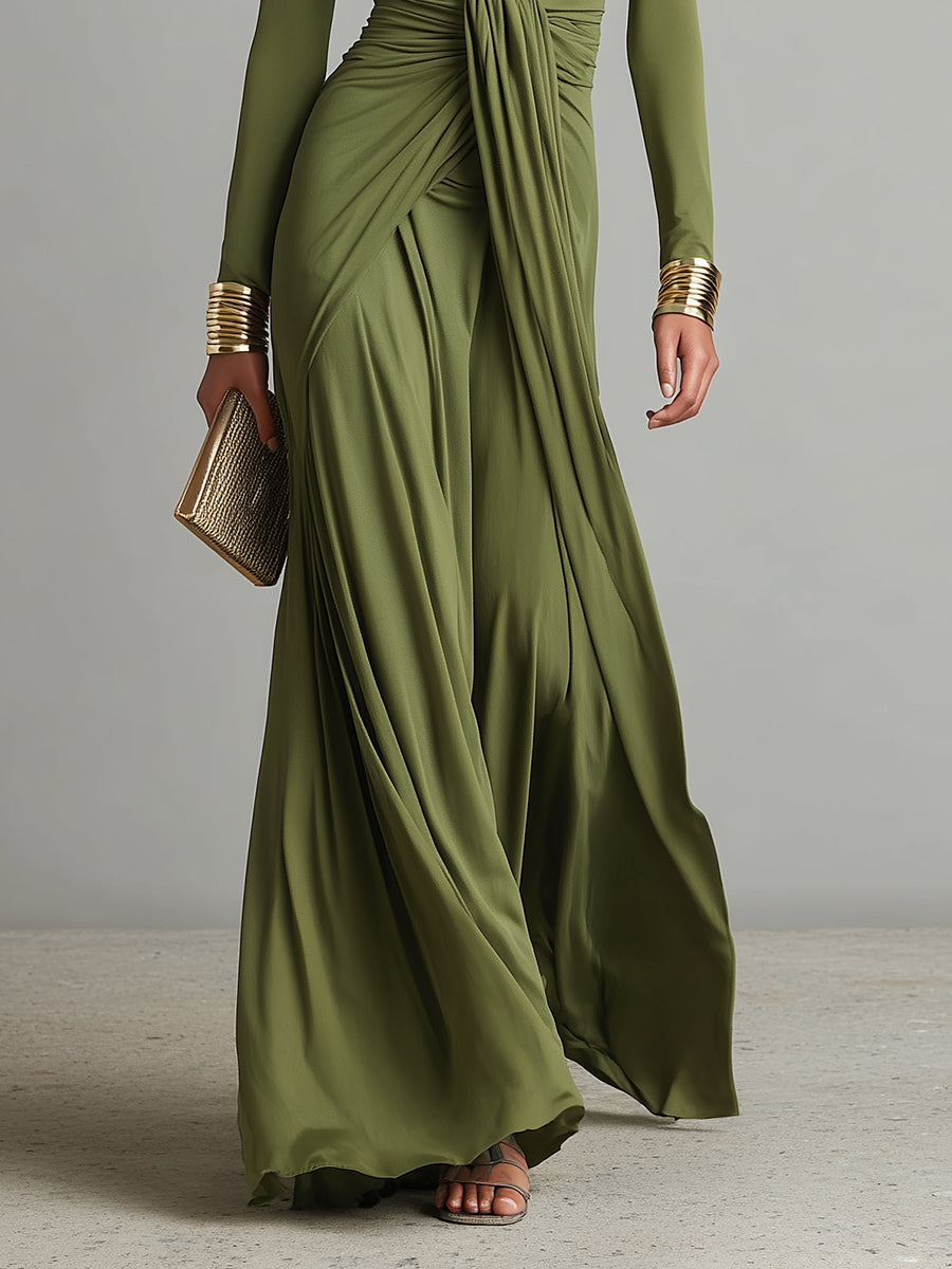 Serena | Abito Lungo Verde Oliva Scollo Profondo