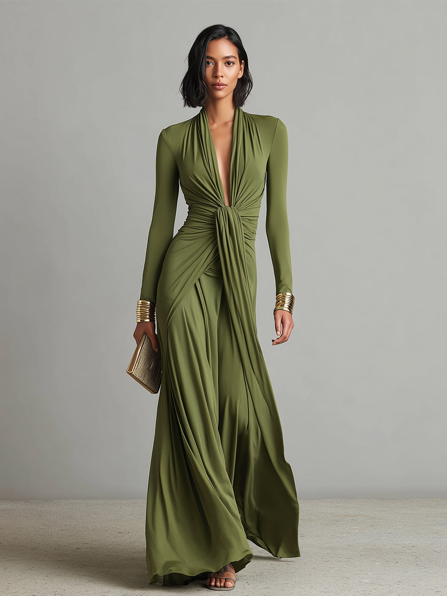 Serena | Abito Lungo Verde Oliva Scollo Profondo