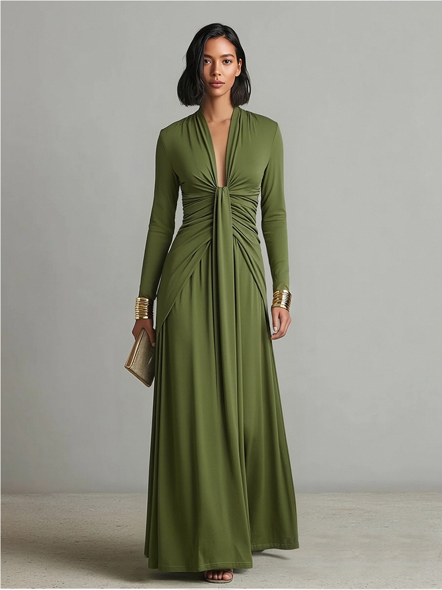 Serena | Abito Lungo Verde Oliva Scollo Profondo
