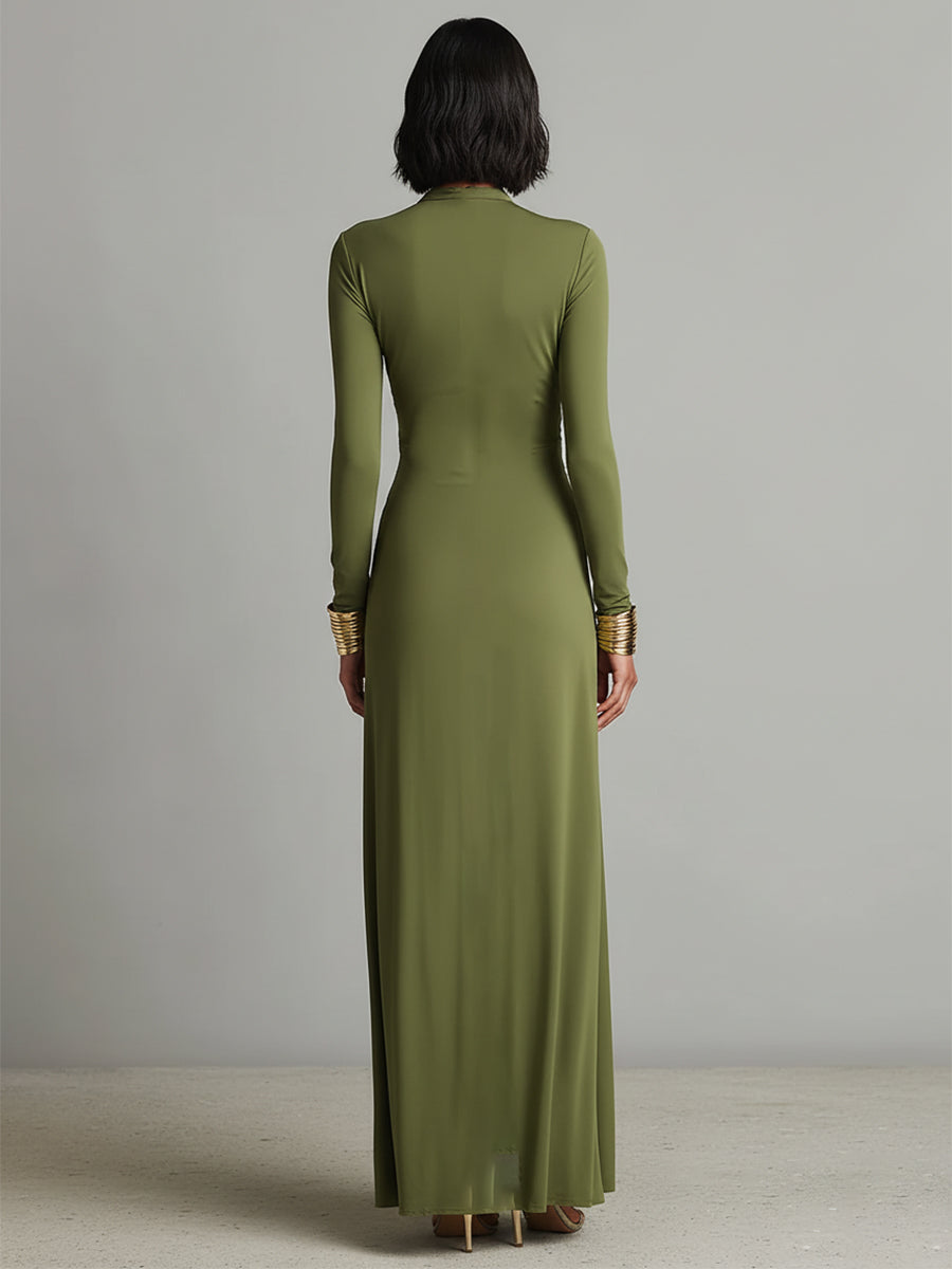 Serena | Abito Lungo Verde Oliva Scollo Profondo