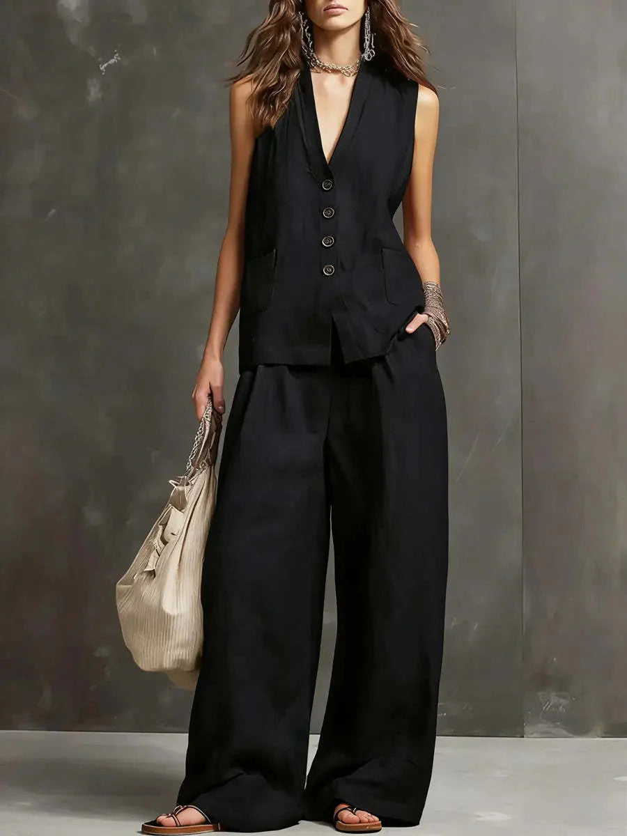Serena | Completo Donna Gilet e Pantalone Lino Nero