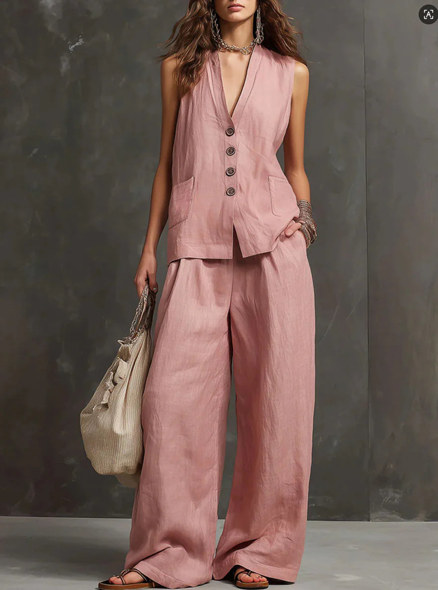 Serena | Completo Donna Gilet e Pantalone Lino Rosa