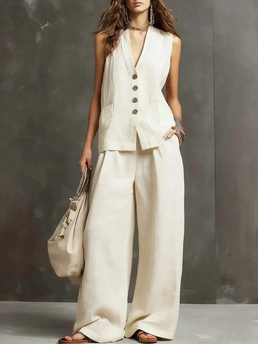 Serena | Completo Donna Gilet e Pantalone Lino Bianco