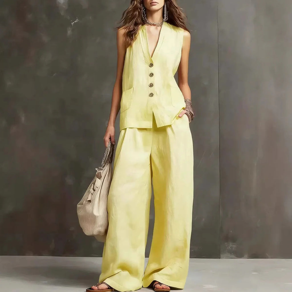 Serena | Completo Donna Gilet e Pantalone Lino Giallo