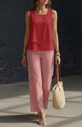 Silvia | Completo Donna Top Doppio Strato Pantaloni Righe Rosso