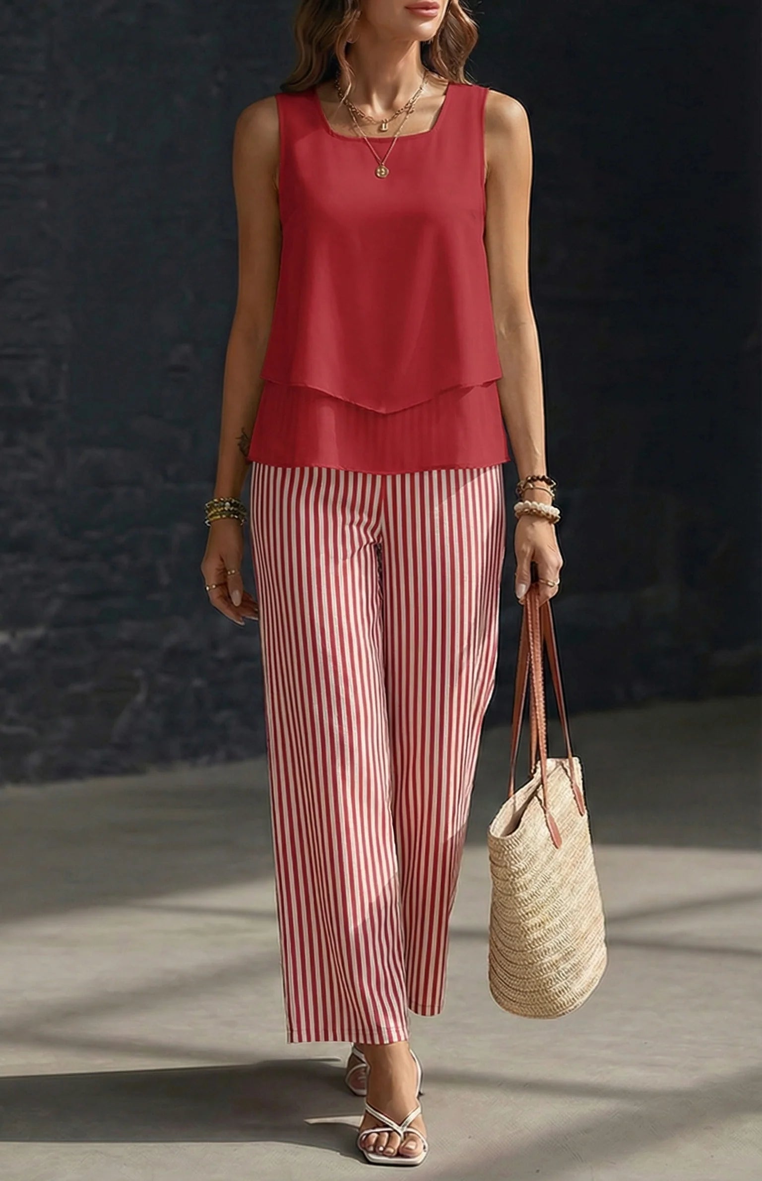 Silvia | Completo Donna Top Doppio Strato Pantaloni Righe Rosso
