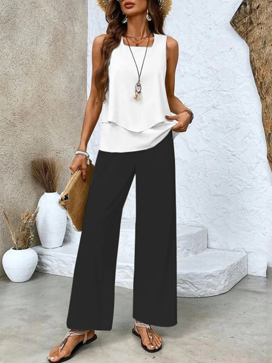 Silvia | Completo Donna Top Doppio Strato Pantaloni Righe Bianco e Nero