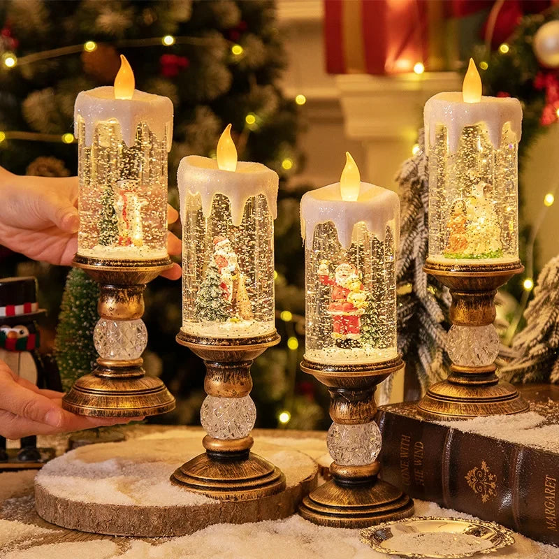 Snow Globe LED Candle with Vintage Brass Pedestal Base and Flameless Glitter Light - Image 1