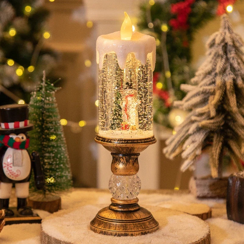 Snow Globe LED Candle with Vintage Brass Pedestal Base and Flameless Glitter Light - Image 10