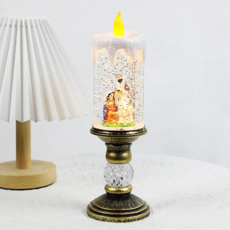 Snow Globe LED Candle with Vintage Brass Pedestal Base and Flameless Glitter Light - Image 11