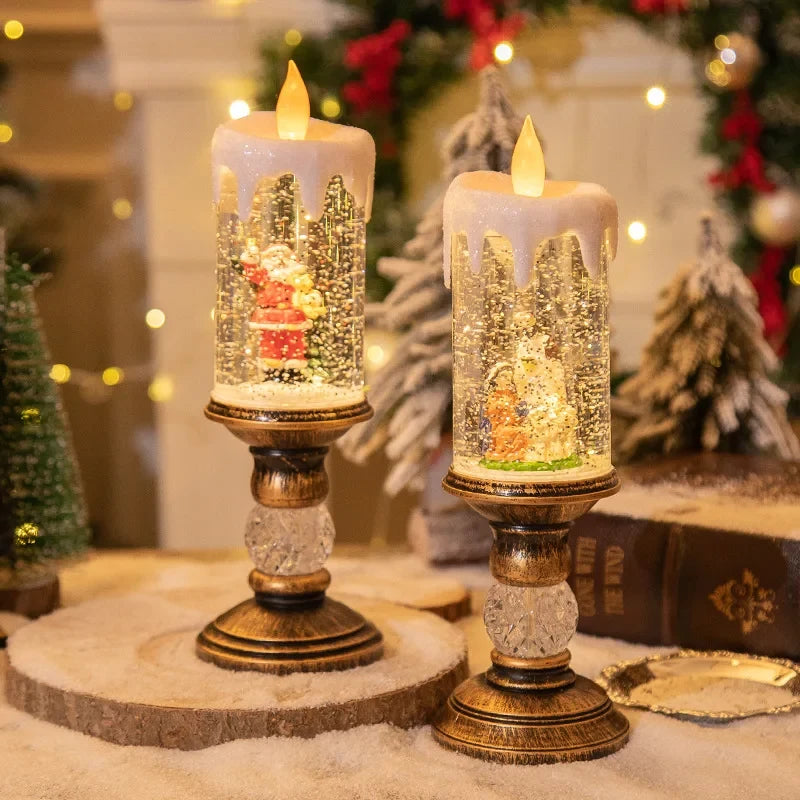 Snow Globe LED Candle with Vintage Brass Pedestal Base and Flameless Glitter Light - Image 3