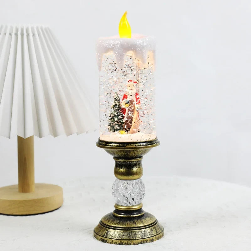 Snow Globe LED Candle with Vintage Brass Pedestal Base and Flameless Glitter Light - Image 5
