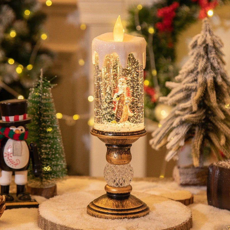 Snow Globe LED Candle with Vintage Brass Pedestal Base and Flameless Glitter Light - Image 9