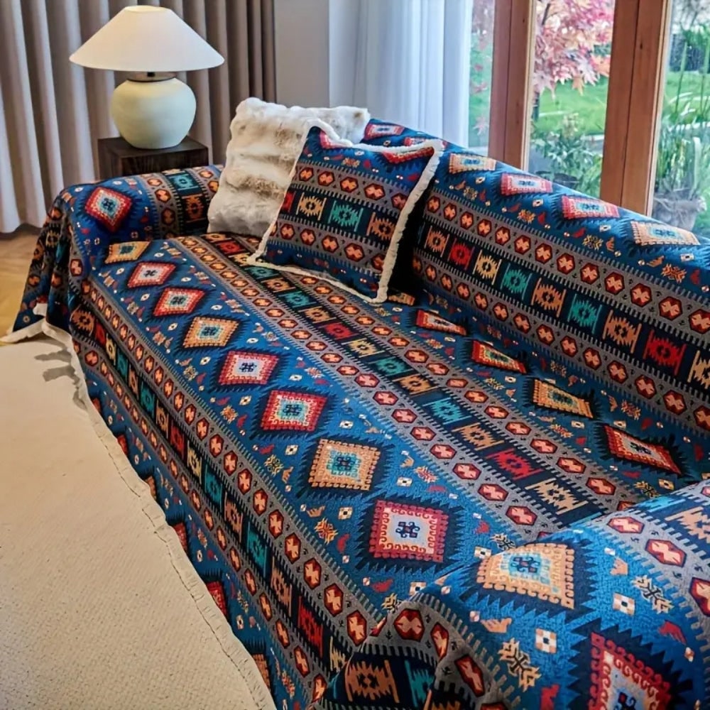 Sofa Throw Blanket with Geometric Boho Pattern and Fringe Trim - Image 2