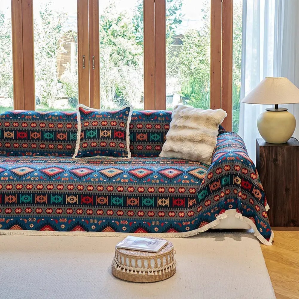 Sofa Throw Blanket with Geometric Boho Pattern and Fringe Trim - Image 3