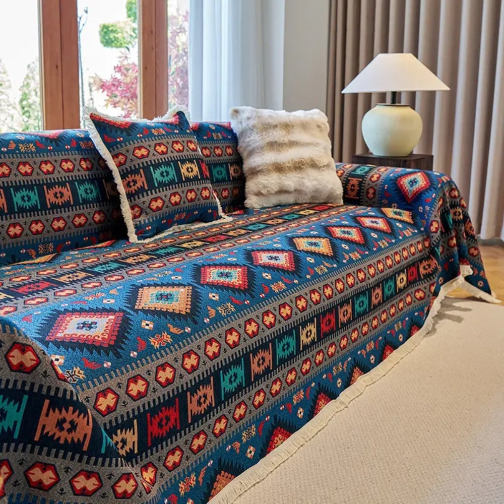 Sofa Throw Blanket with Geometric Boho Pattern and Fringe Trim - Image 7