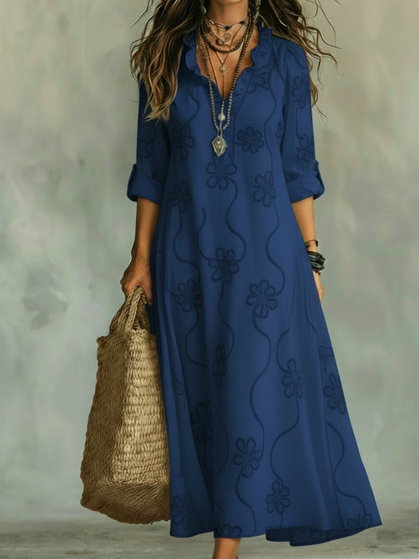 Sofia | Abito a Trapezio Rétro Donna Ricamo Floreale Blu Navy