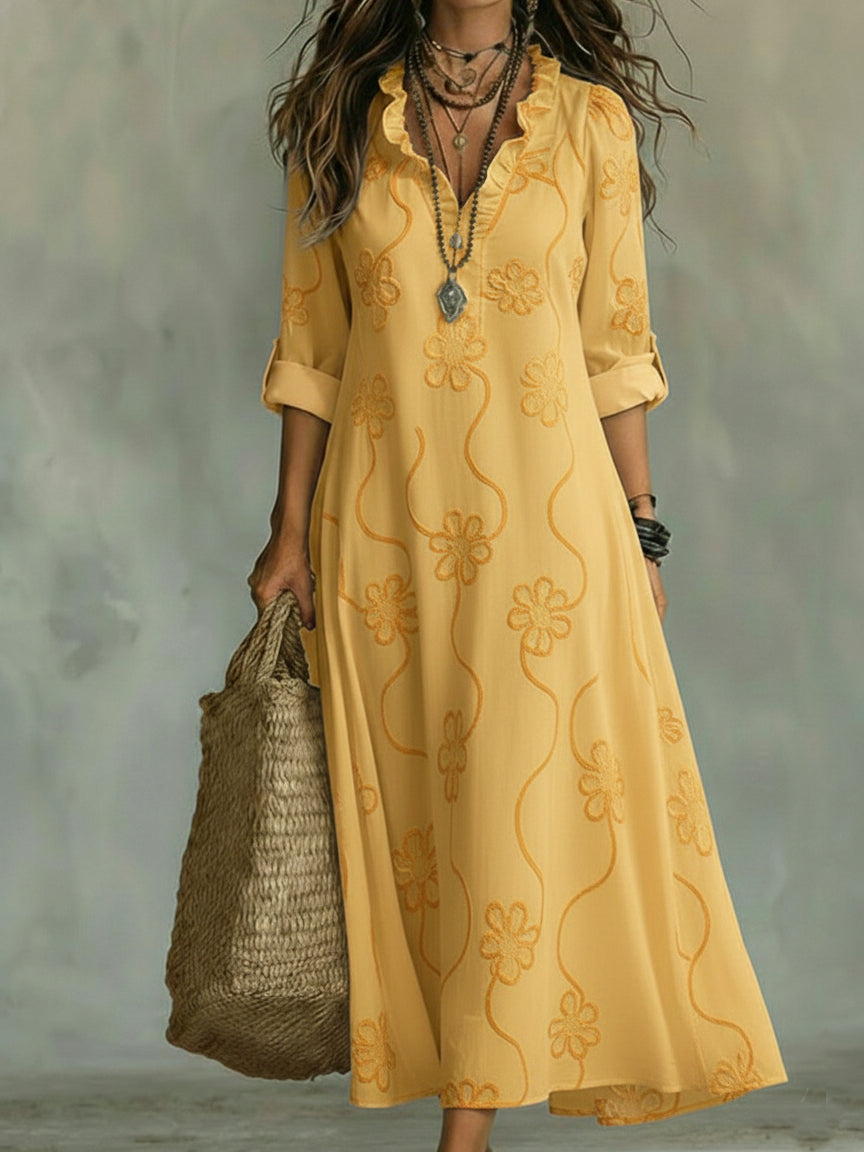Sofia | Abito a Trapezio Rétro Donna Ricamo Floreale Giallo