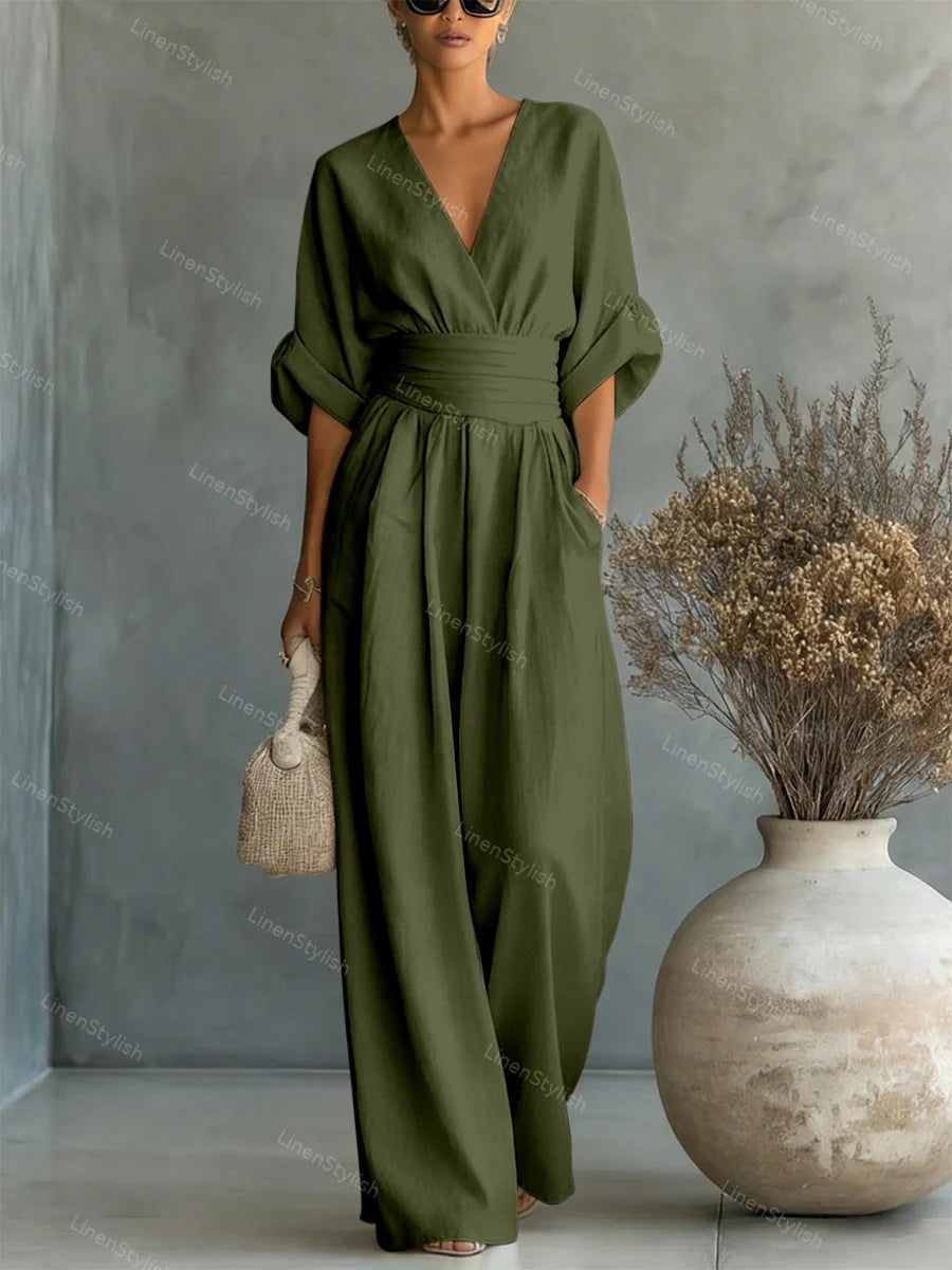 Sofia | Jumpsuit Donna Scollo V Cintura Verde Militare
