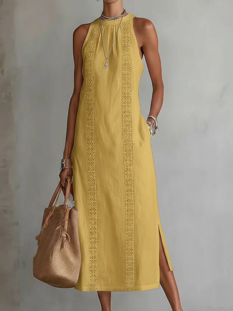 Sofia | Vestito Midi Pizzo Bianco Senza Maniche Giallo