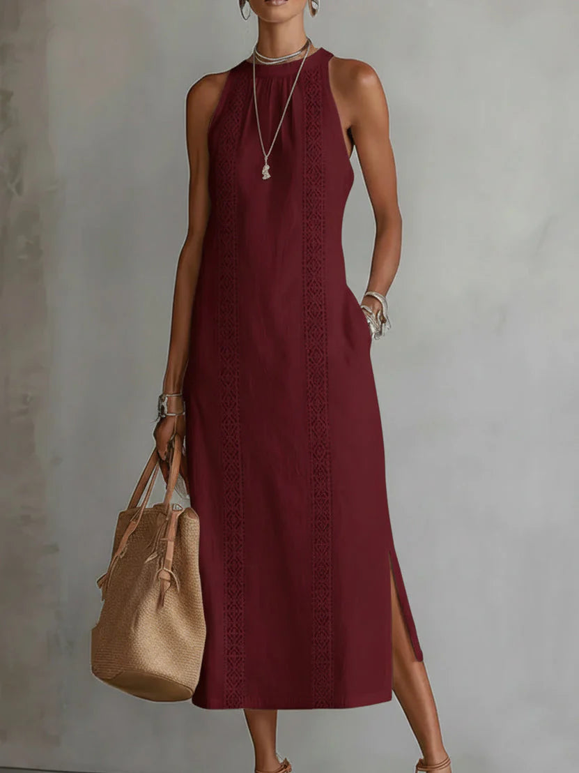 Sofia | Vestito Midi Pizzo Bianco Senza Maniche Rosso