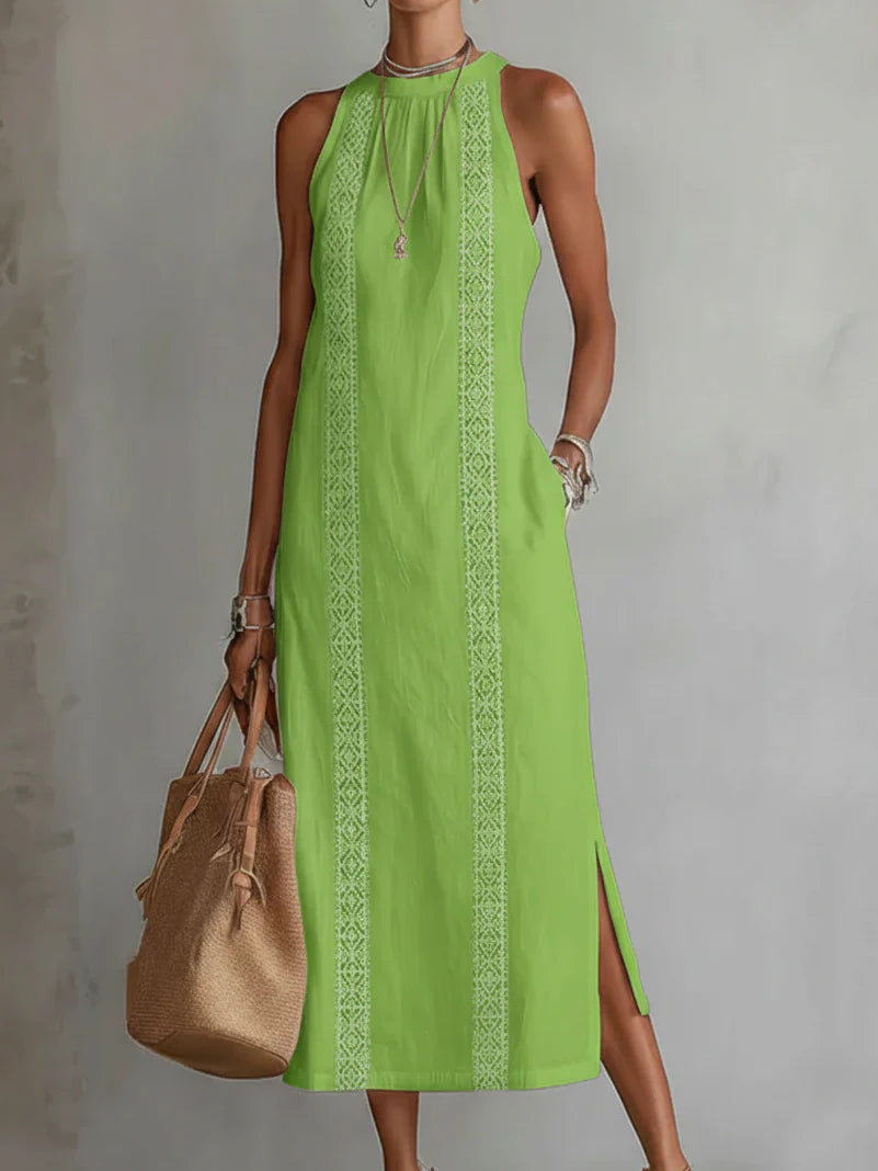 Sofia | Vestito Midi Pizzo Bianco Senza Maniche Verde