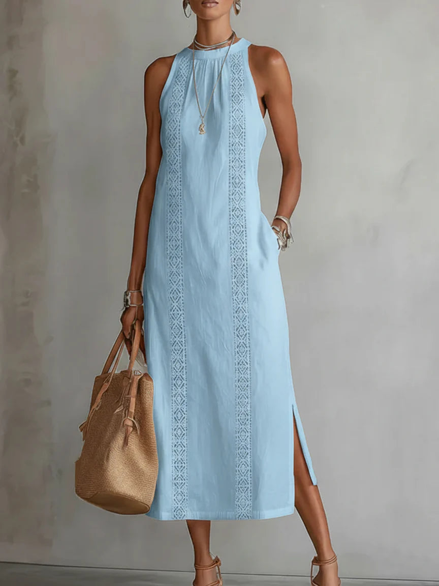 Sofia | Vestito Midi Pizzo Bianco Senza Maniche Blu