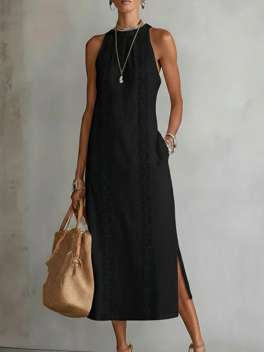 Sofia | Vestito Midi Pizzo Bianco Senza Maniche Nero