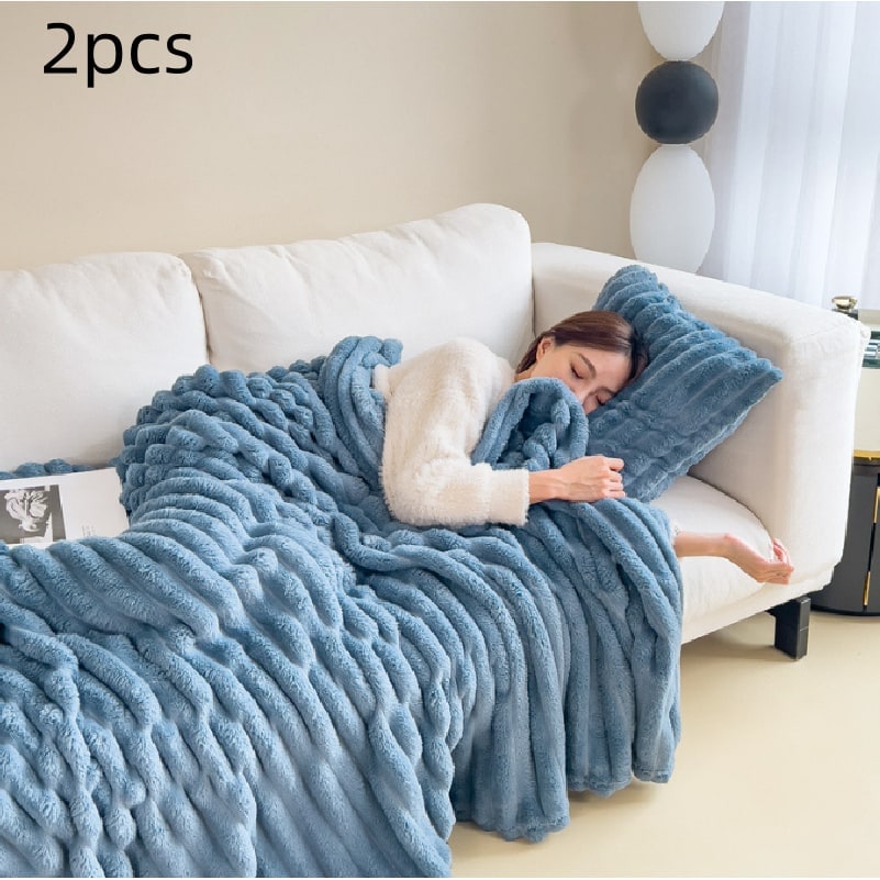 Soft Faux Fur Blanket with Plush Throw Design Ribbed Texture and Matching Pillowcase - Image 13