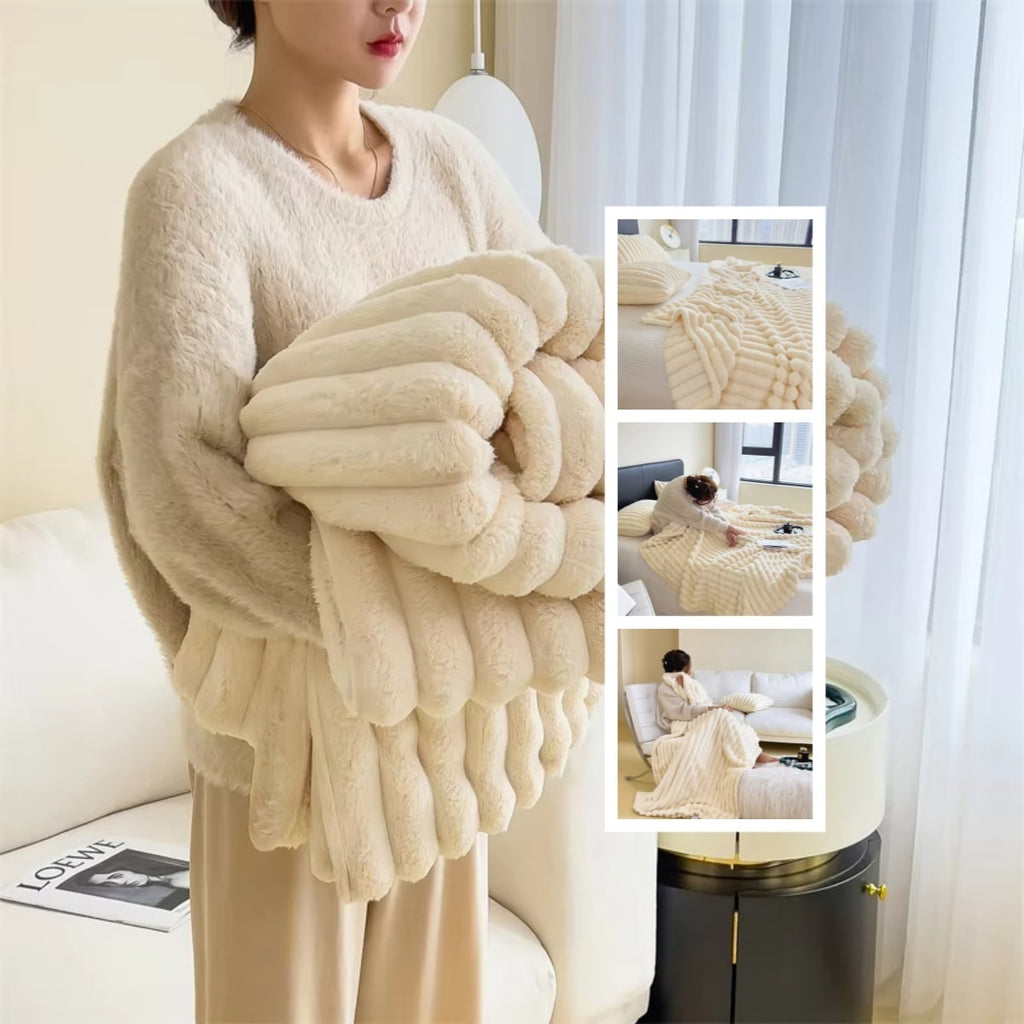 Soft Faux Fur Blanket with Plush Throw Design Ribbed Texture and Matching Pillowcase - Image 14