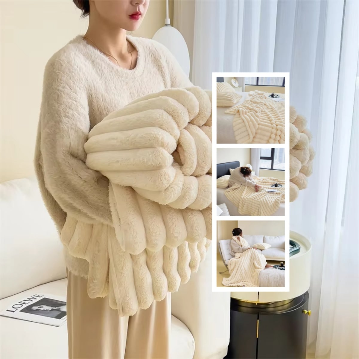 Soft Faux Fur Blanket with Plush Throw Design Ribbed Texture and Matching Pillowcase - Image 14