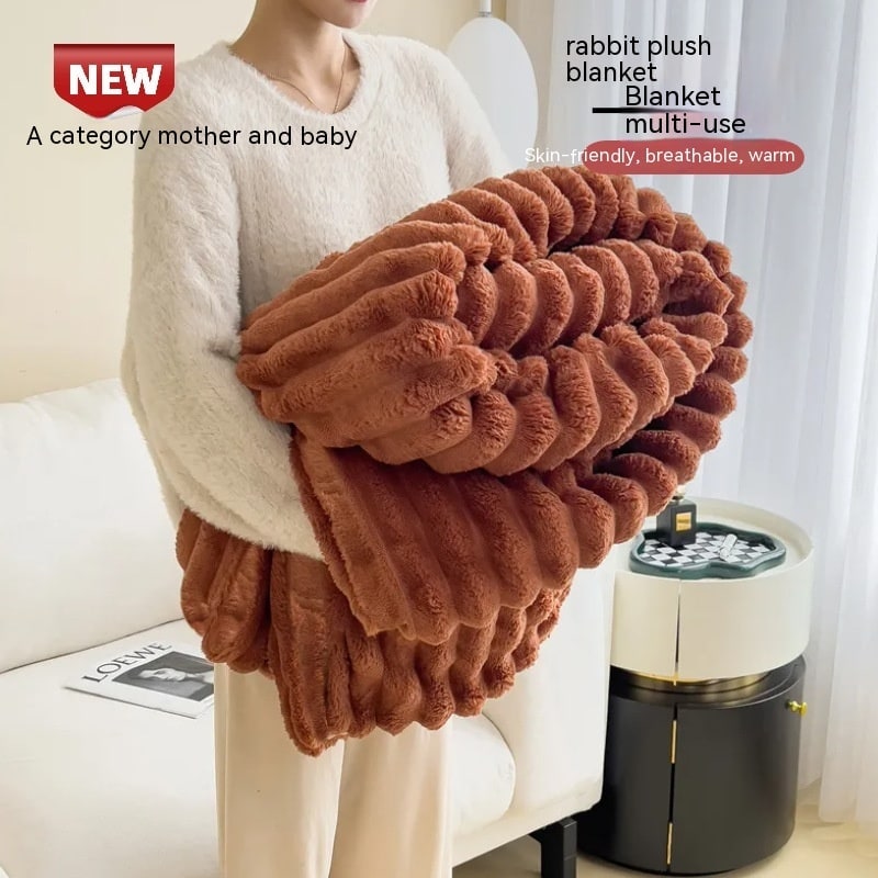 Soft Faux Fur Blanket with Plush Throw Design Ribbed Texture and Matching Pillowcase - Image 15
