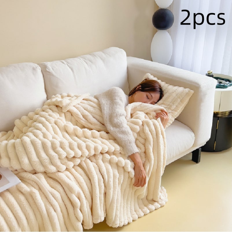 Soft Faux Fur Blanket with Plush Throw Design Ribbed Texture and Matching Pillowcase - Image 3